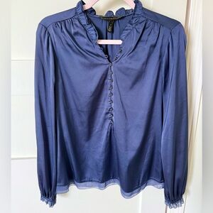 White House Black Market Satin Button-Down Blouse in Deep Blue